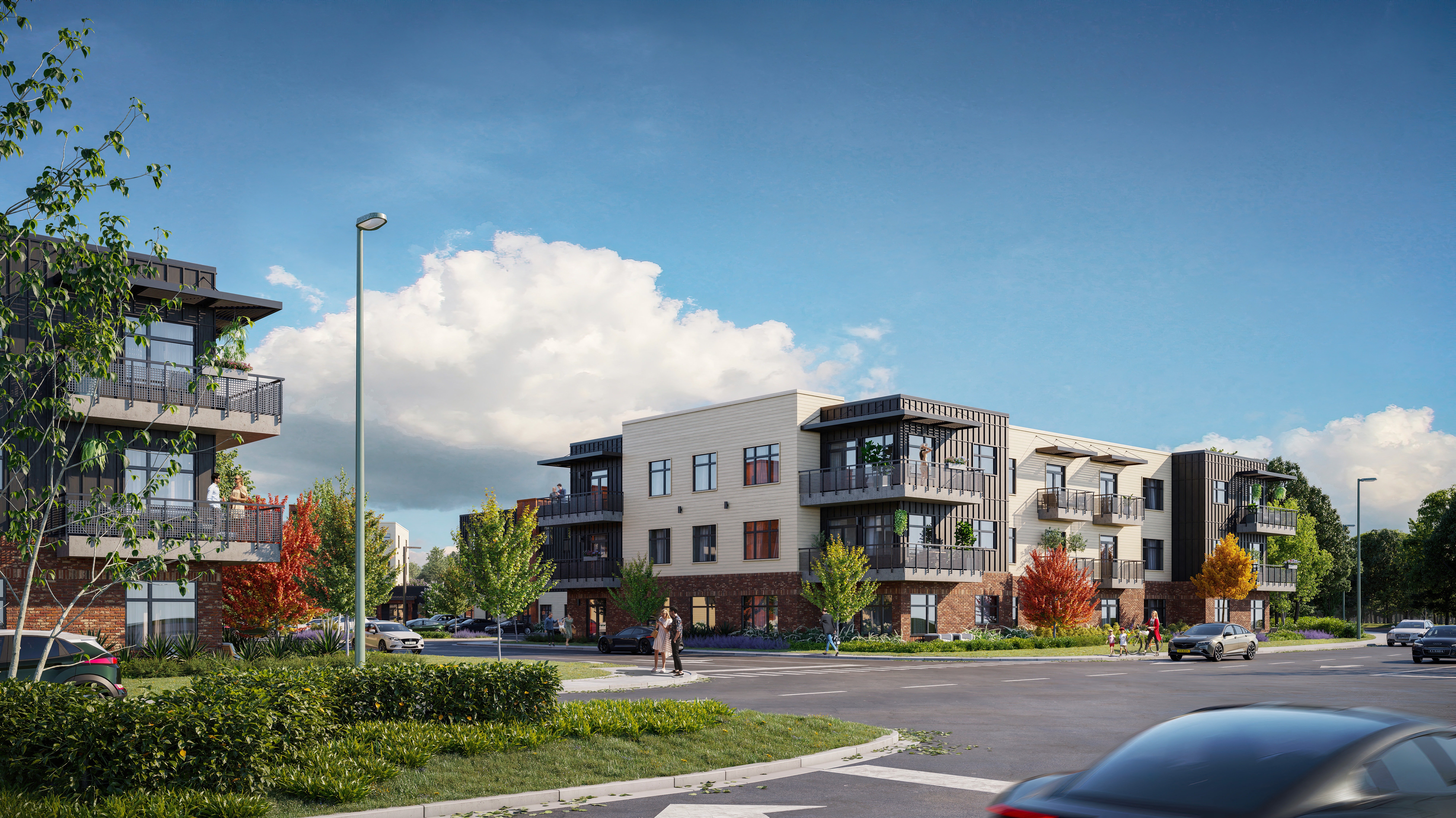 a rendering of an apartment complex on a city street